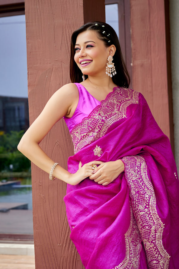 Barbie Pink Pure Tussar Saree