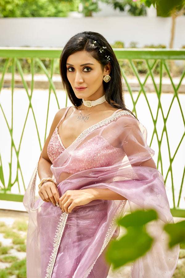 Lavender Color Glass Tissue Saree