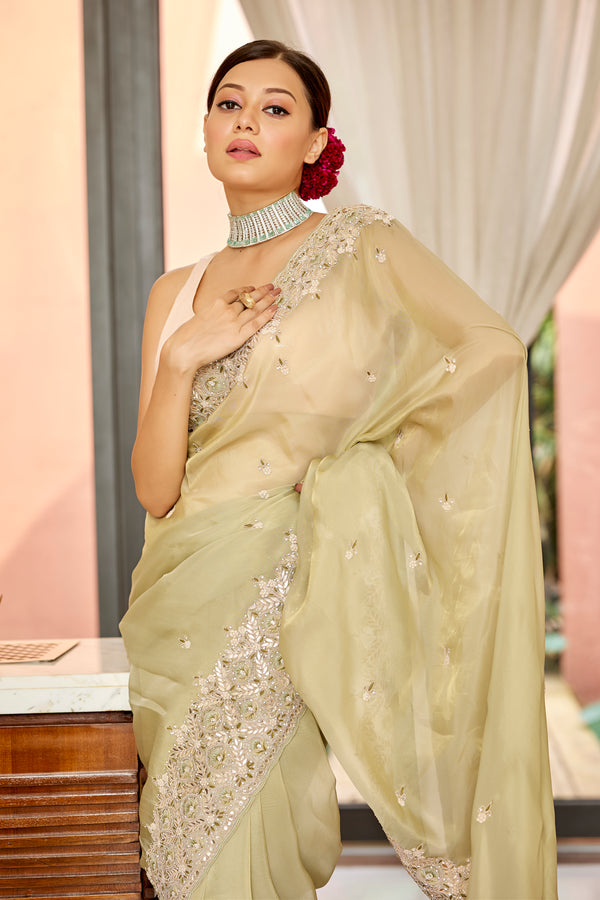 Tea Green Georgette Tissue Saree