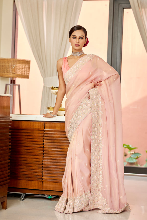 Pink Georgette Tissue Saree