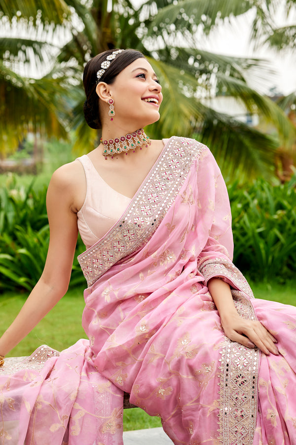 Pink Mirror Work Saree
