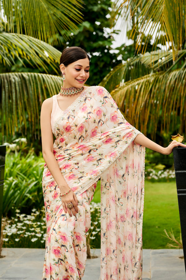 White Printed Chinnon Saree