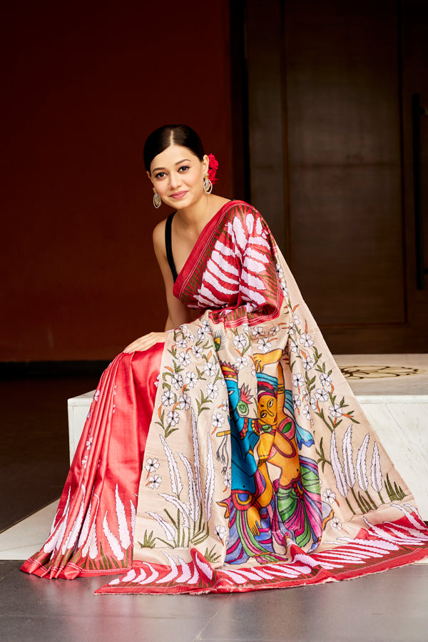 Red Kantha Work  Saree