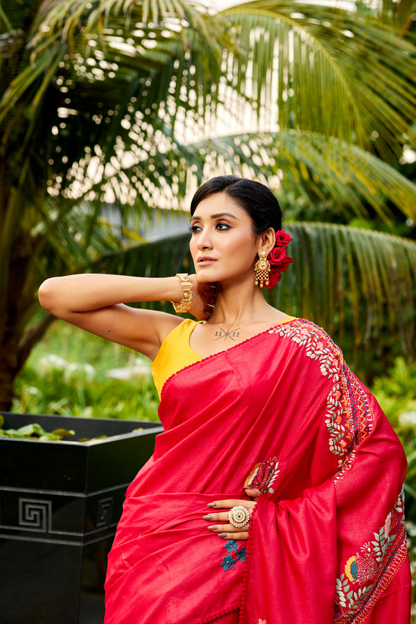 Red Pure Tussar Saree