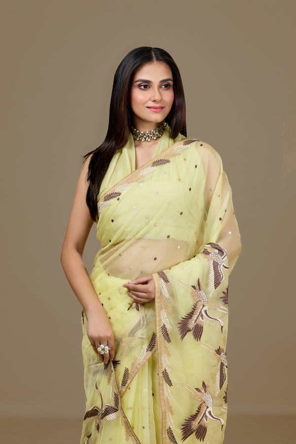 Light Yellow Organza with Intricate Machine Embroidery