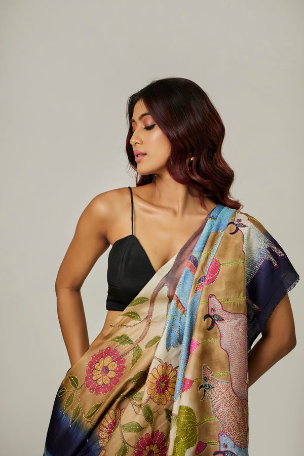 Pure Tussar Kantha & Printed Saree