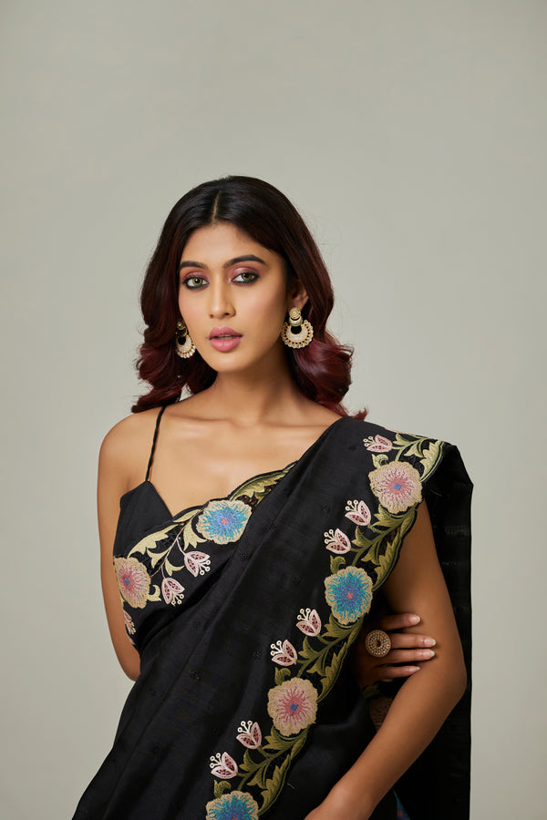 Black Semi Tussar Cutwork Saree