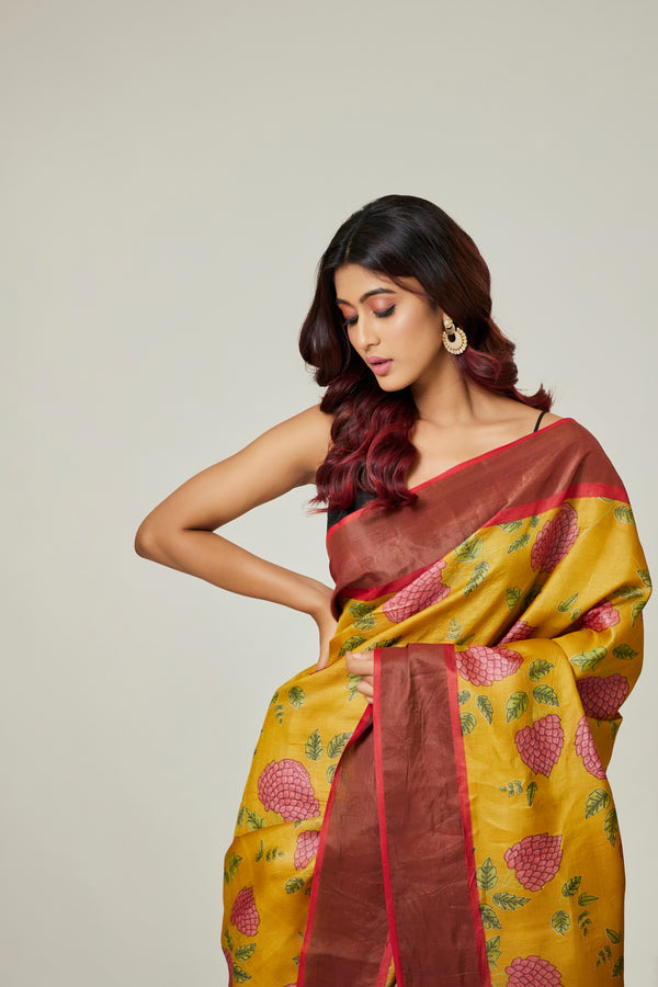 Yellow Zari Work Tussar Saree
