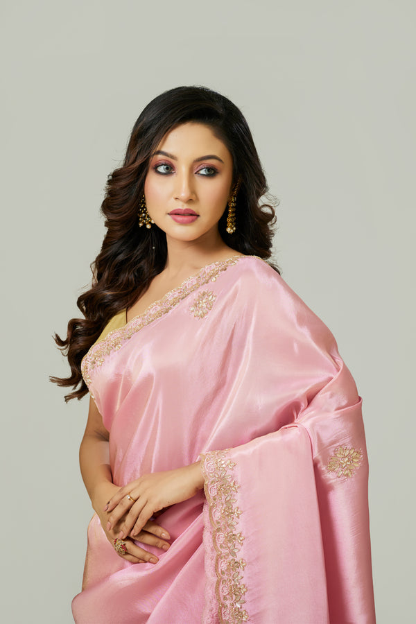 Pink Tissue Embroidered Saree