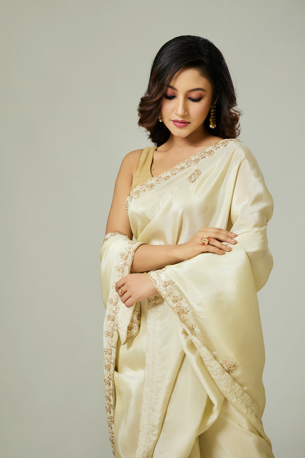 Off White Tissue Embroidered Saree