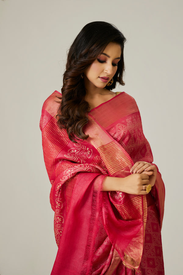Red Tussar Printed Saree