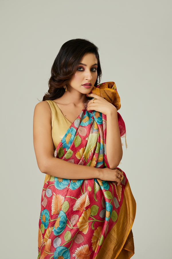 Mustard Color Kalamkari Print Saree