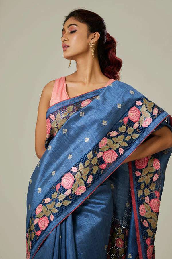 Blue Semi Tussar Cutwork Saree