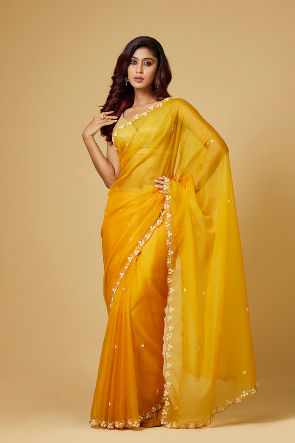 Fancy Yellow Organza Saree