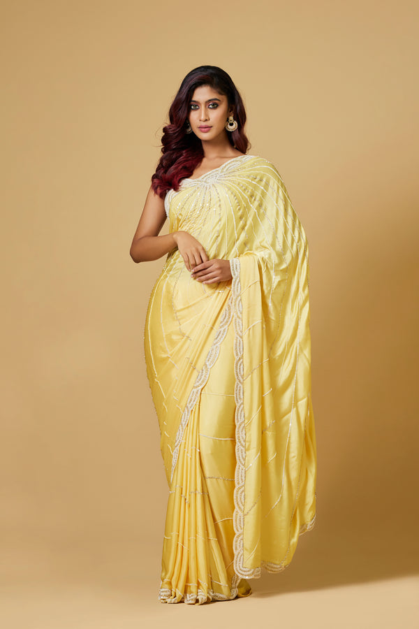 Yellow Chinnon Satin Saree