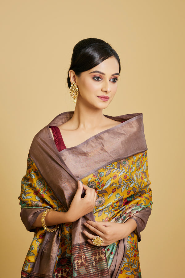 Yellow Kalamkari Tussar Saree