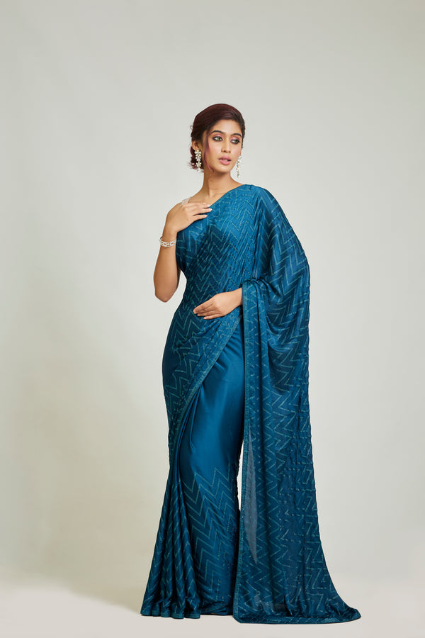 Yale Blue Satin Georgette Saree