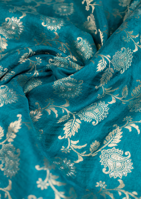 Teal Blue  Colour Dola Fabric with Golden Jal Pattern