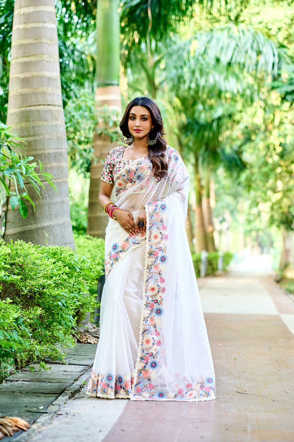 Embroidered White Saree