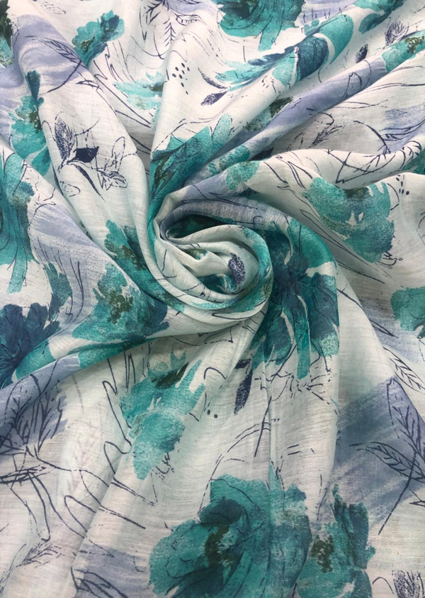 White And Blue Floral Printed Chanderi