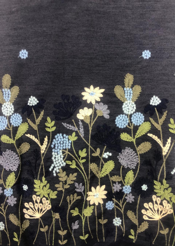 Black Embroidered Flower Pattern Denim