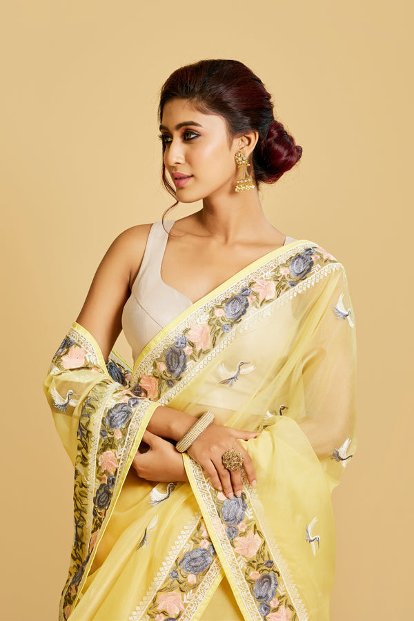 Light Yellow Embroidered Saree