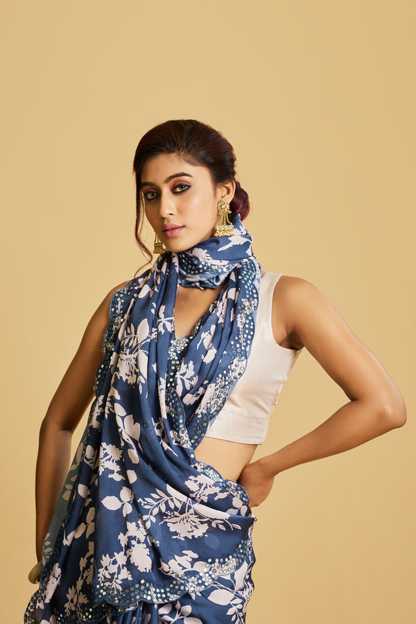 Blue Leaf Printed Saree