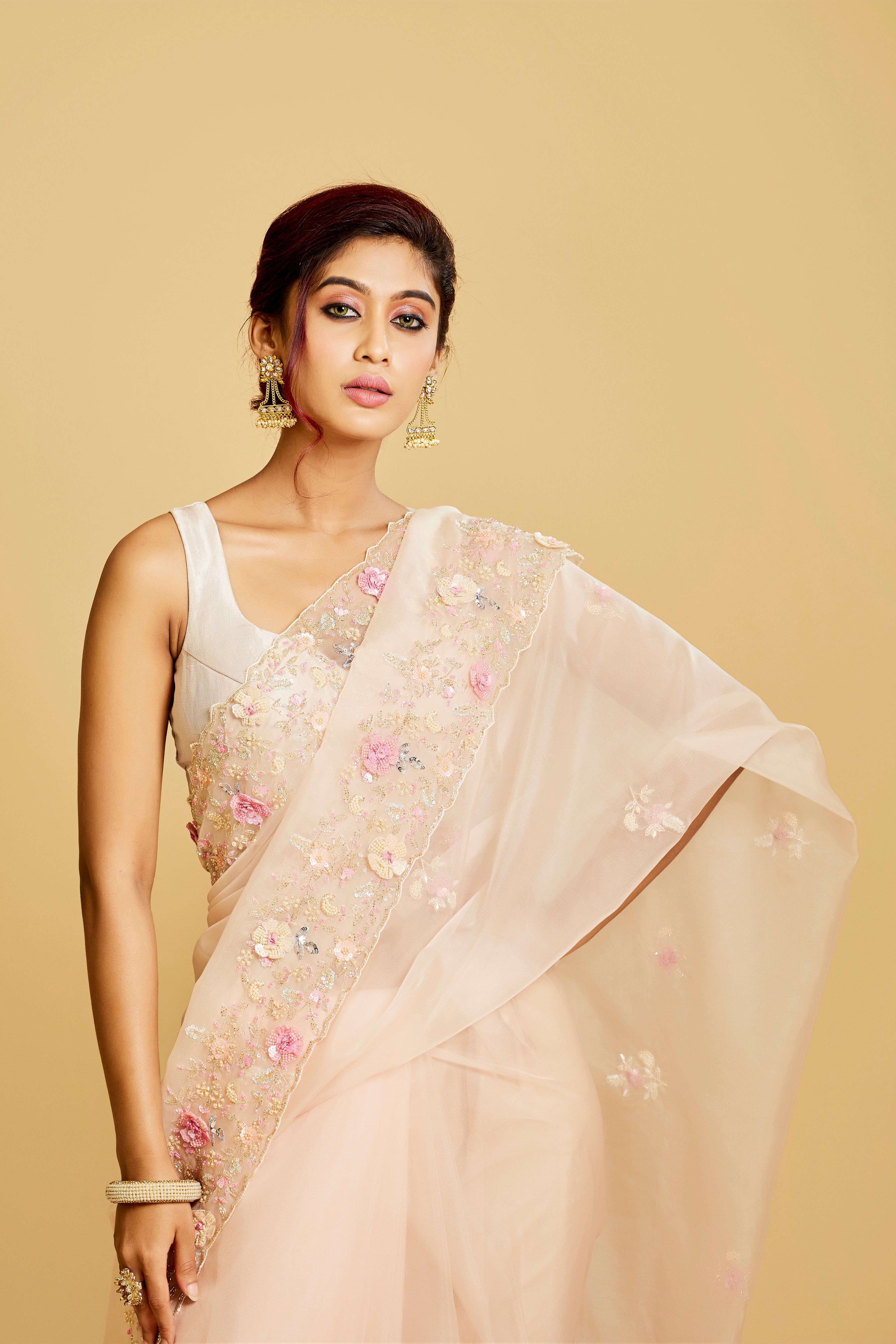Light Peach 3D Work Saree – Aparnaa Sarees