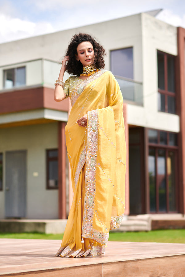 Yellow Georgette Tissue Saree