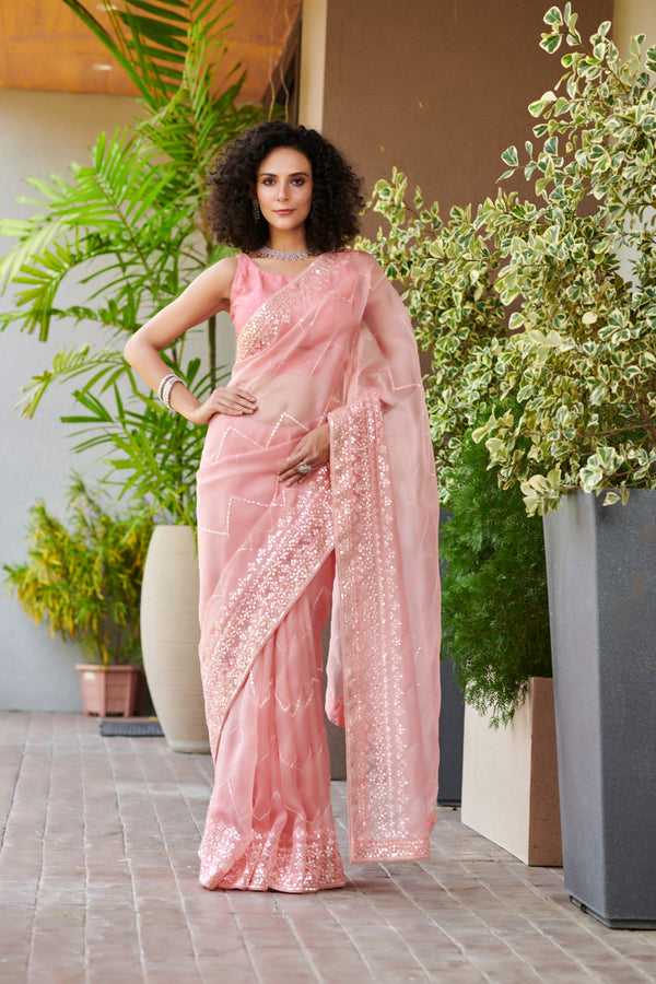 Fancy Pink Organza Saree