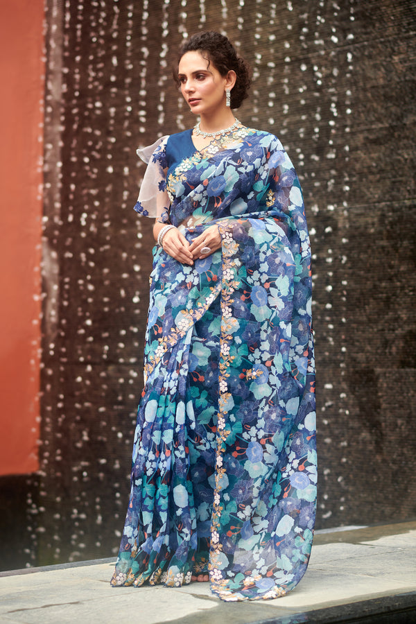 Indigo Floral Print Organza Saree