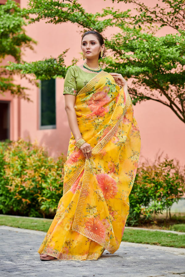 Yellow Flower Print Organza Saree