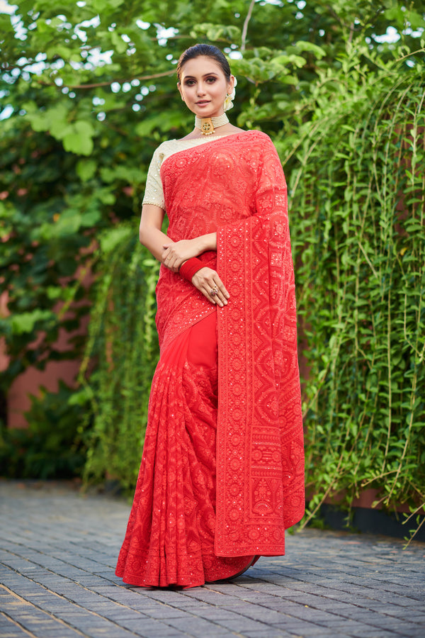 Lucknowi Style Red Saree