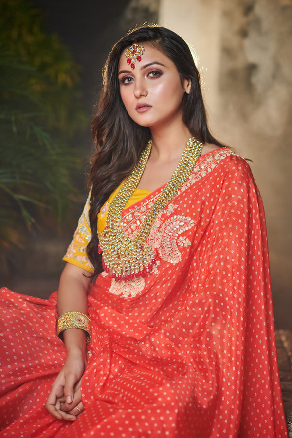Red Printed  Chinon Chiffon Saree