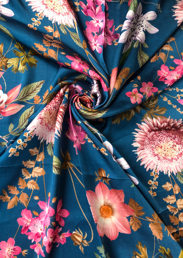 Blue Floral Print Modal Satin