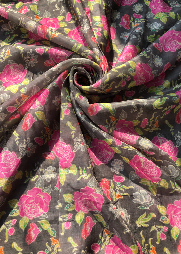Grey Floral Print Muslin