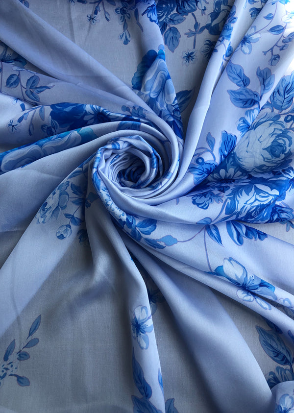 Blue Printed Flower on Blue Satin Georgette
