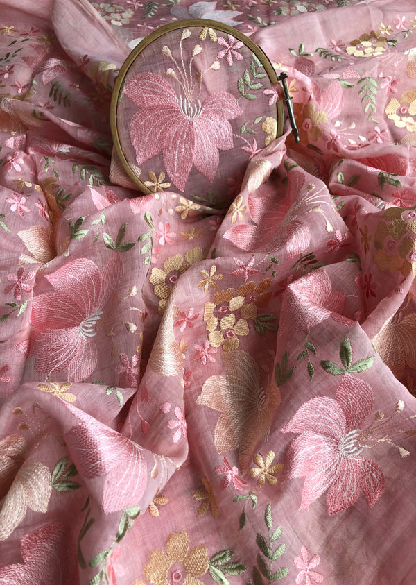 Pink Floral Embroidered Chanderi