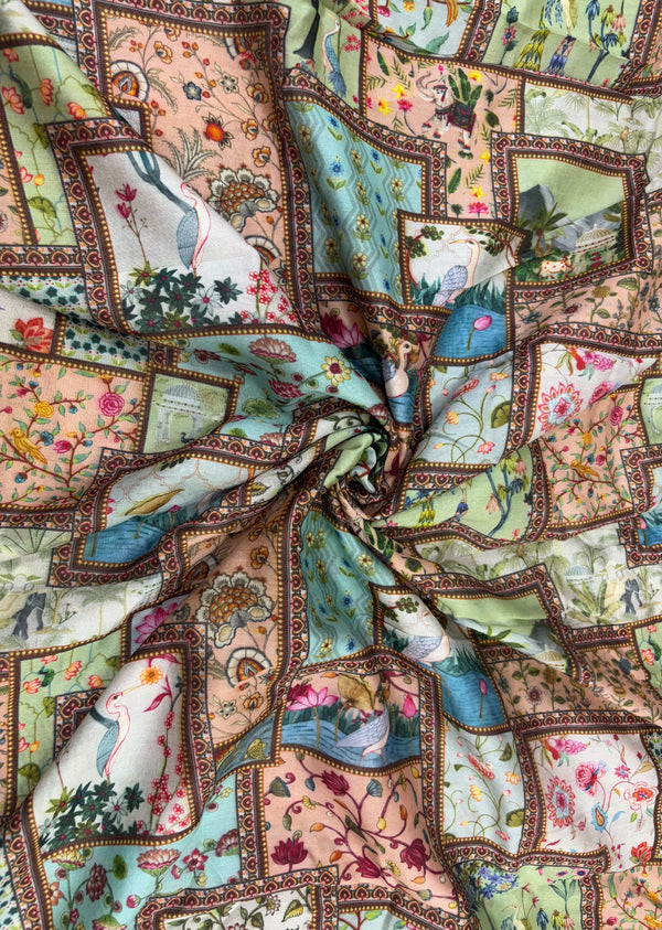 Multicolor Swan & Peta Print Chanderi