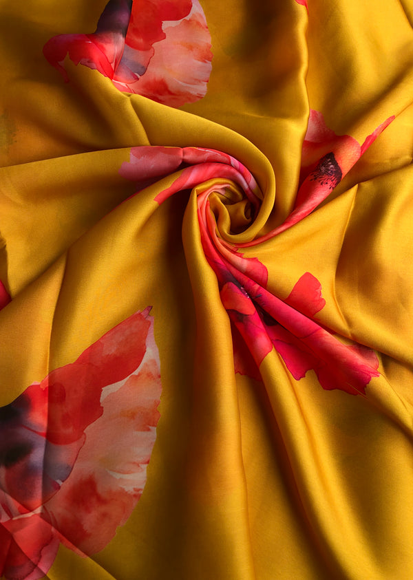 Yellow Floral Print Satin Georgette
