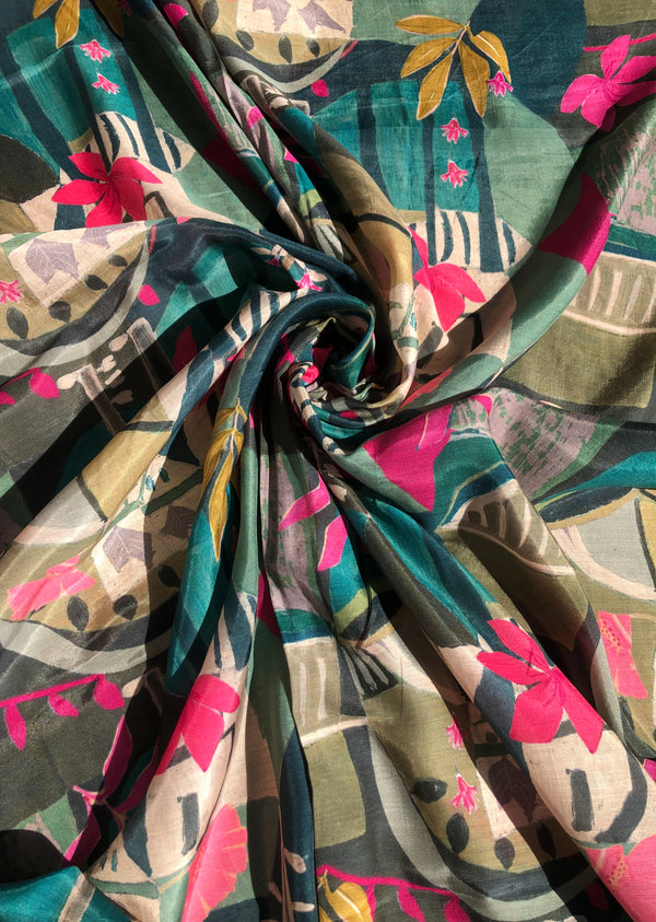 Multicolor With Pink Flower Abstract Print Muslin