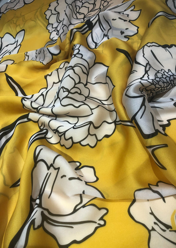 Mustard Floral Print Satin Georgette