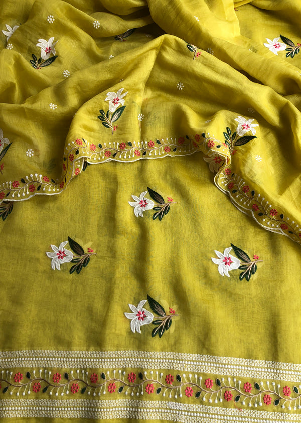 Yellow Embroidered Floral Set