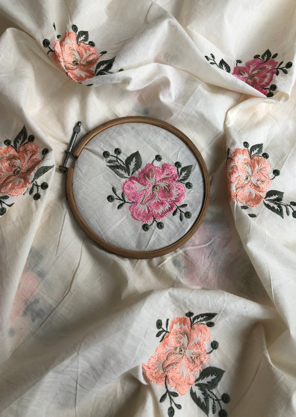 Off White Floral Embroidered Cotton