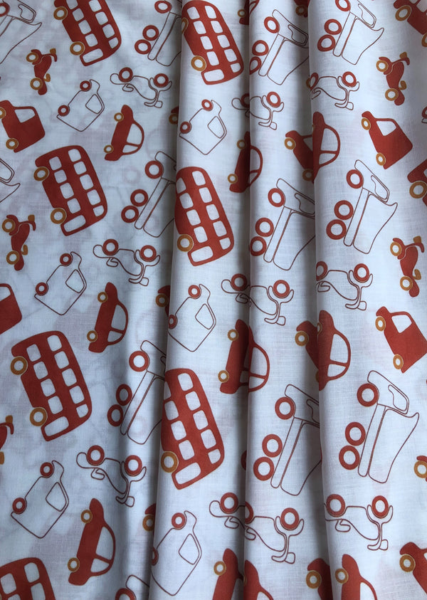 White Car Print Cotton Linen