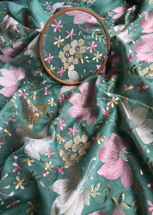 Green Floral Embroidered Chanderi