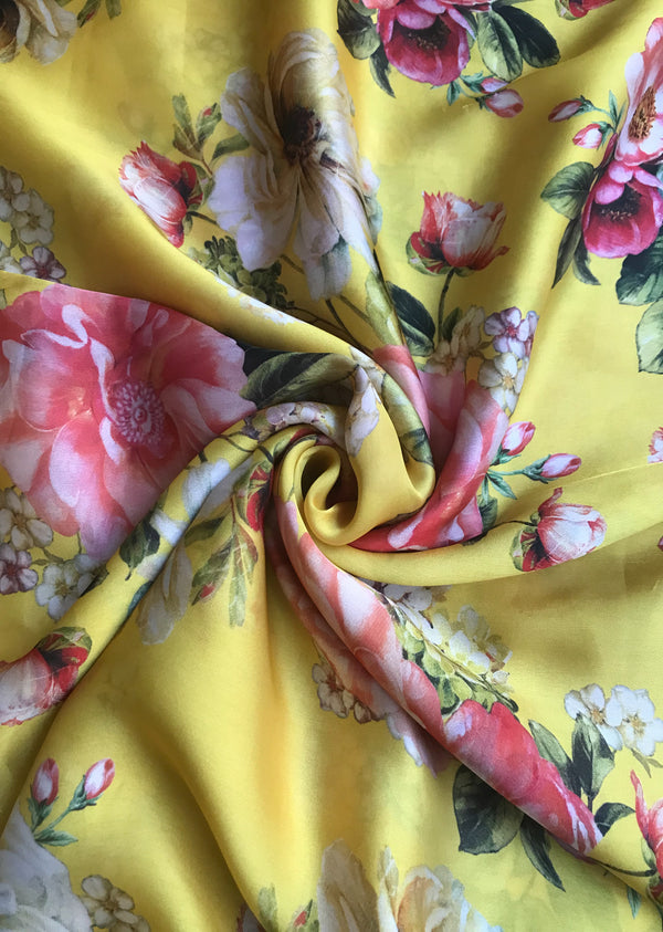 Yellow Floral Print Satin georgette
