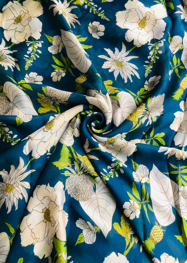 Blue Floral Satin Georgette