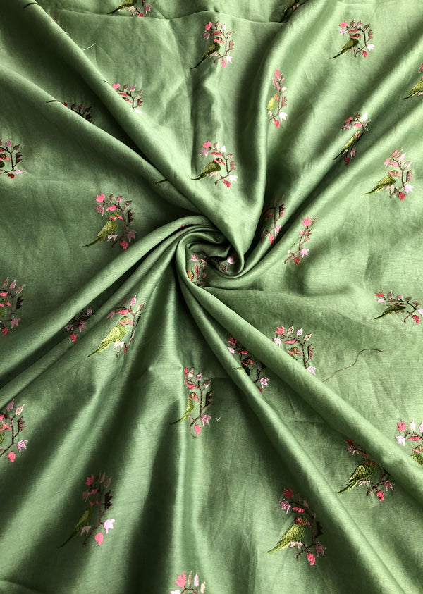 Olive  Bird Embroidered Chanderi