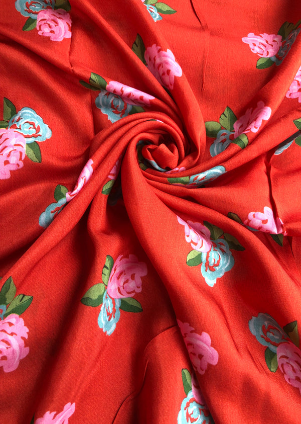 Reddish Orange Rose Print Muslin
